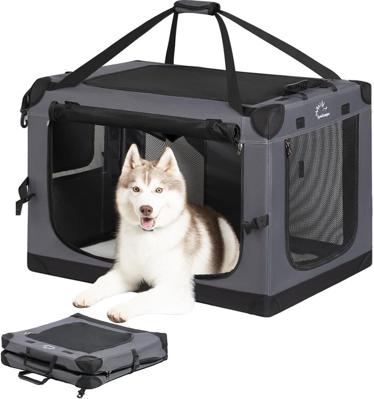 Photo 1 of Collapsible Dog Crate, Quik Set-up 30 inch Portable Dog Travel Kennel for Medium Dogs, 3-Door Foldable Soft Dog Crate with Mesh Windows, Indoor & Outdoor Use (Grey,