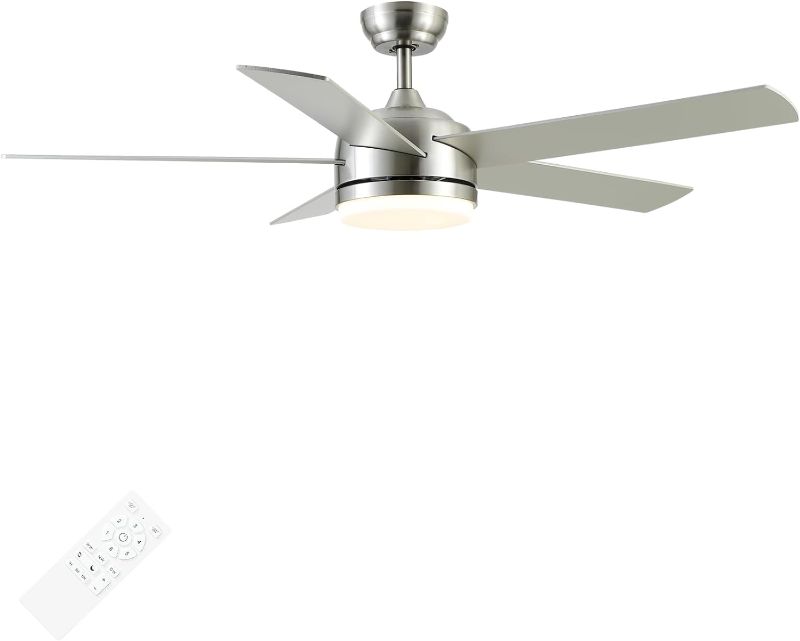 Photo 1 of 52 inch Brushed Nickel Ceiling Fan with Lights and Remote Control,Dimmable tri-Color temperatures LED,Quiet Reversible Motor, 5 Blades Modern Ceiling Fan for Indoor.