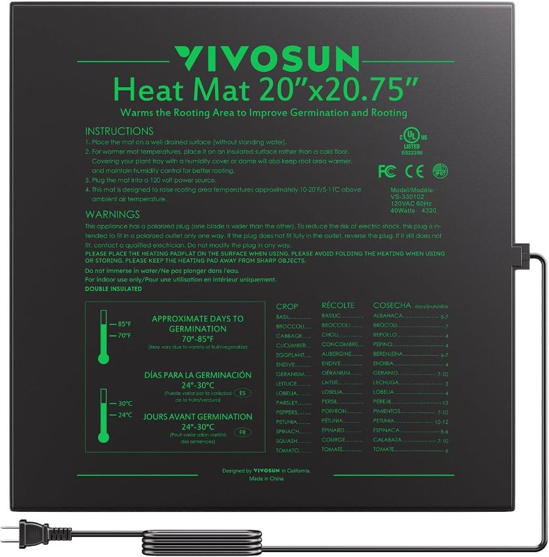 Photo 1 of VIVOSUN Durable Waterproof Seedling Heat Mat 20" x 20.75" UL & MET-Certified Warm Hydroponic Heating Pad for Germination, Indoor Gardening, Greenhouse