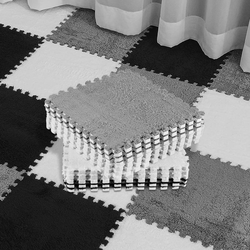 Photo 1 of Amylove 36 Pcs Plush Foam Floor Mat Square Interlocking Carpet Tiles with Border Fluffy Play Mat Floor Tiles Soft Climbing Area Rugs for Home Playroom, 12 x 12 x 0.4 Inch (White, Gray, Black)