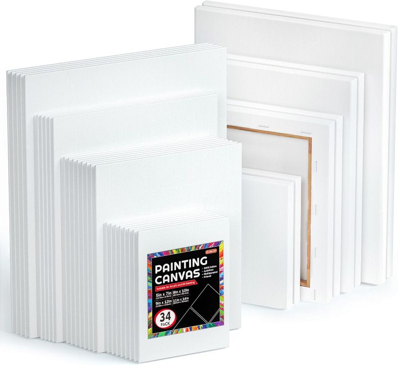 Photo 1 of Shuttle Art Canvases for Painting, 34 Pack Multi Sizes Stretched Canvas and Canvas Panels, 5x7”, 8x10”, 9x12”, 11x14”, 100% Cotton Primed Canvas Boards for Painting, Blank Canvas for Acrylic Oil Paint
