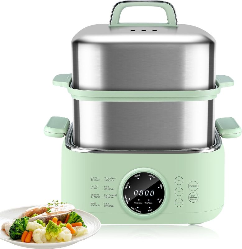 Photo 1 of Electric Food Steamer, 9.3L 2-Tier Digital Steamers for Cooking with 24H Booking & 6H Auto Warming, 8 Modes Fast Heating Vegetable Steamers Stainless Steel with Boil Dry Protection, Green