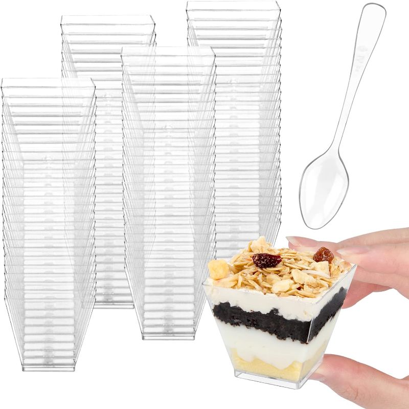 Photo 1 of Colovis Mini Dessert Cups, 100 CT 2oz Clear Plastic Parfait Appetizer Cups with Spoons Mini Square Dessert Bowls for Serving, Tasting (100)