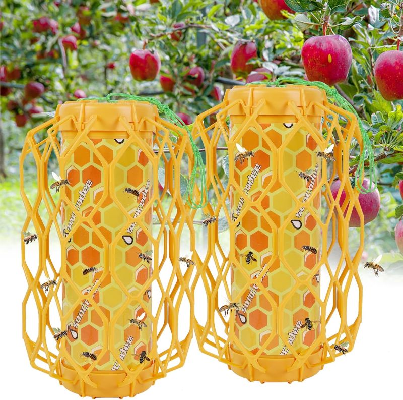 Photo 1 of 2 Pcs Wasp Trap Outdoor Hanging, Insect Catcher for Wasps and Carpenter Bees, Bee Killer Sticky Bug Boards Yellow Jacket Trap with Bait Reservoir, Non-Toxic Reusable Wasp Hornet Trap (Orange)