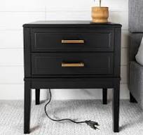 Photo 1 of 2 Drawer Side Table with Charging Station - Mid Century Modern with Polished Gold Handles, 2 USB Ports & 2 Outlets - Multifunctional Smart Bedside Table Nightstand for Your Home - 24" Tall (black