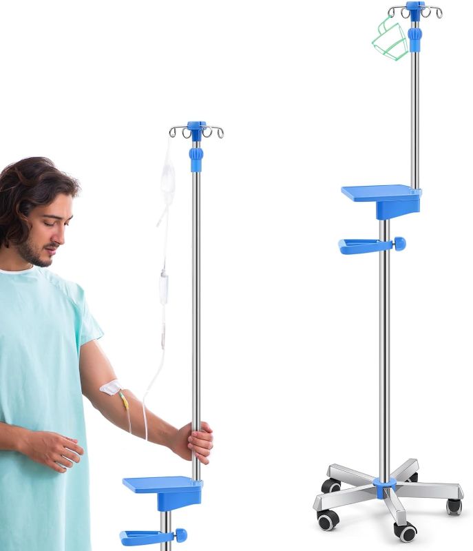 Photo 1 of Thyle IV Pole with Wheels Tray Stand Portable 4 Hooks 5 Wheels IV Fluid Bag Stand Height Adjustable Stainless Steel Intravenous Pole with Hanging Net for Home Hospital Essential IV Practice Kit Supply