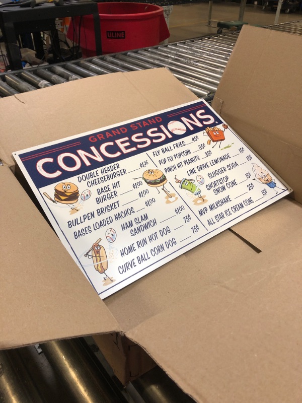 Photo 2 of Grand Stand Baseball Concessions Menu Metal Sign - Vintage Concessions Sign for Man Cave or Game Room Navy Blue/White