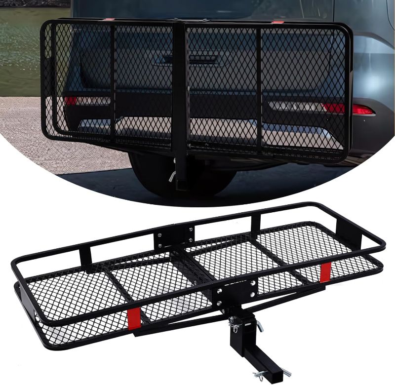 Photo 1 of Trailer Hitch Cargo Carrier Rack, 60 x 20 x 5 inch Folding Hitch Mount Cargo Basket, 500lb Capacity Luggage Basket, Hitch Cargo Rack Fits 2'' Receiver for Cars, SUVs,Trucks