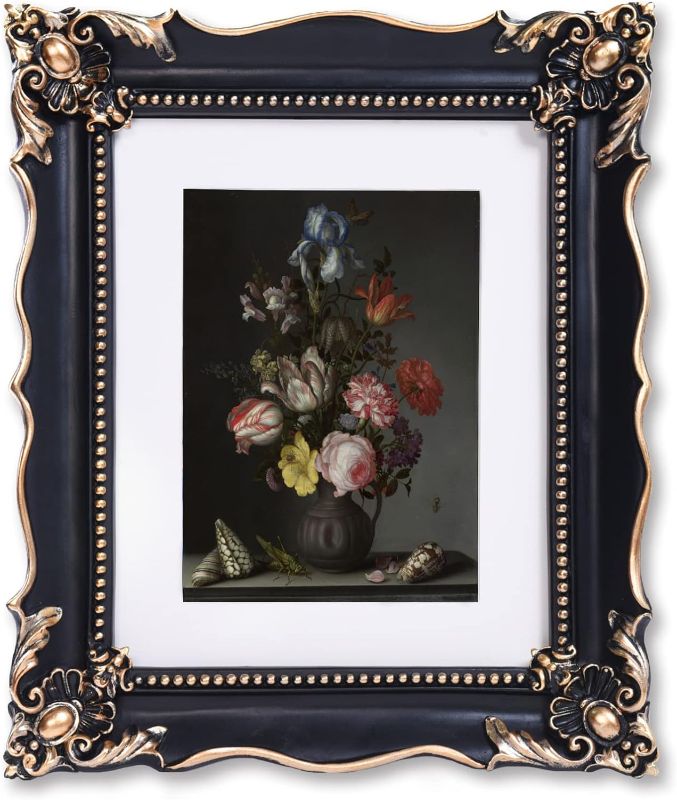 Photo 1 of 11X14inch frame with 8x10 white mat Vintage Picture Frame with Embossed Flower Design, Black Ornate for or8x10 Pictures White Mat, Hand-Crafted Resin Antique Frames Tabletop & Wall Hanging, Home Decor 