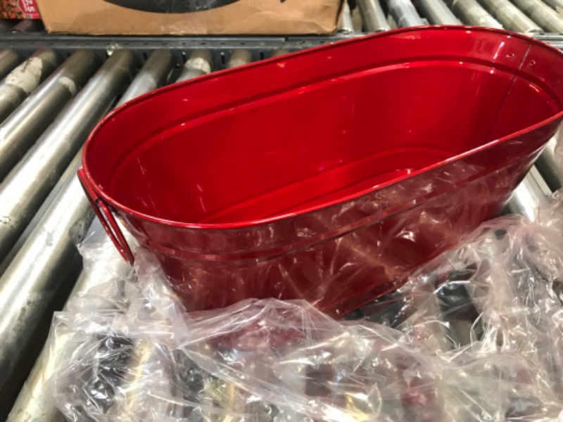 Photo 1 of  Oval Metal Galvanized Tub 2.4 Gallons Beverage Tub Metal Bucket with Handles Ice Drink Buckets for Parties Large Metal Tub for Wine Drink Party Beer Storage Drinks Champagne (Red)