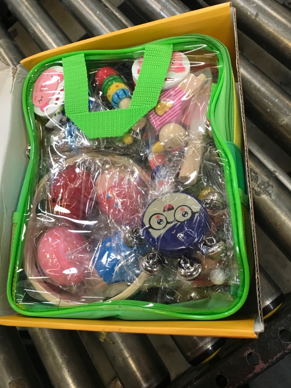 Photo 1 of Kids Musical Instruments, 33Pcs 18 Types Wooden Percussion Instruments Tambourine Xylophone Toys for Kids Children, Preschool Education Early Learning Musical Toy for Boys and Girls A-music Toy & Green Backpack