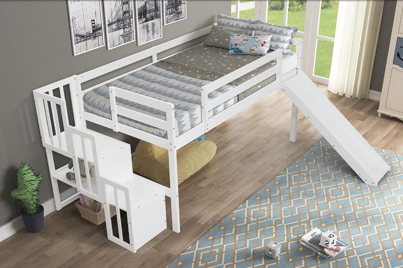 Photo 1 of  BOX 2 OF 2Polibi Twin Size Loft Bed with Storage Staircase and Slide,Wooden Bedframe with Safety Guardrails,No Box Spring Needed,White
