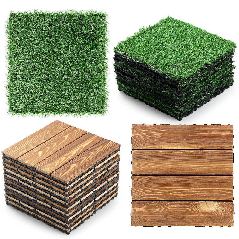 Photo 1 of 24 Pcs Hardwood Interlocking Patio Deck Tile and Artificial Grass Tile Waterproof Wood Flooring Tile Interlocking Turf Tile Outdoor Self Draining Tile for Balcony Garden Patio Lawn, 12x12 in
