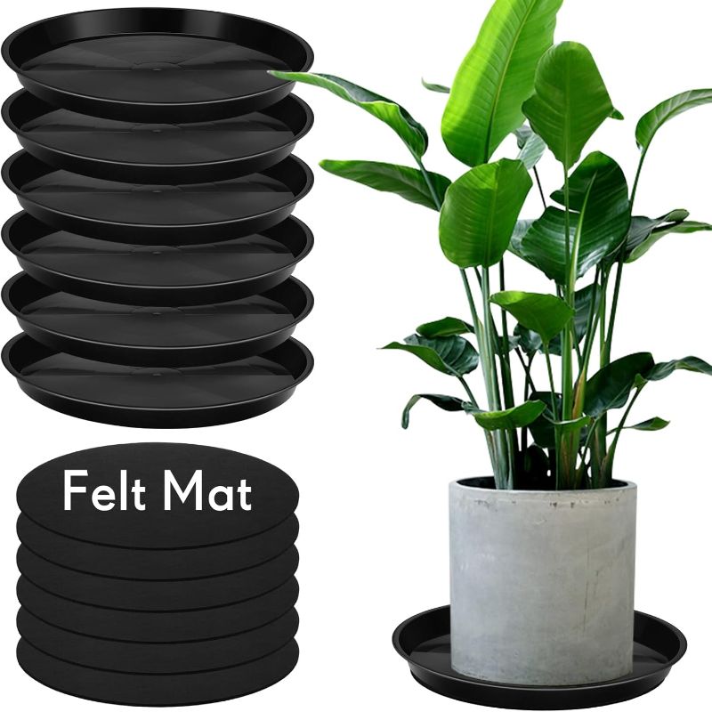 Photo 1 of 12 Pcs 16 18 25 Inch Extra Large Planter Saucer Plastic Plant Drip Trays Round Pot Flower Water Trays for Indoors Outdoors with Felt Mat Coasters for Floor Protection(Black, 16 Inch)
