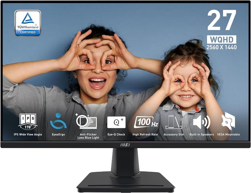 Photo 1 of MSI PRO MP275Q 27 Inch WQHD Office Monitor - 2560 x 1440 IPS Panel, 100 Hz, Eye-Friendly Screen, Built-in Speakers, Tilt-Adjustable - HDMI 2.0b, DP (1.2a)

