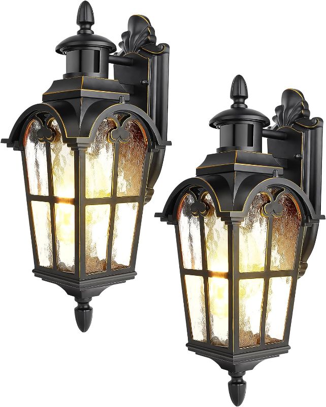 Photo 1 of DEWENWILS Motion Sensor Outdoor Wall Lights, 2-Pack Dusk to Dawn Exterior Lantern Fixture, Roman Vintage Wall Mount Waterproof Porch Light, Water Ripple Glass, for Front Door Garage Patio
