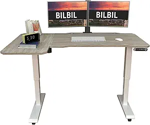 Photo 1 of L-Shaped Electric Height Adjustable Standing Desk 59 Inches, Stand Up Rising Table for Home Office with Splice Board, White Frame and Oak Top