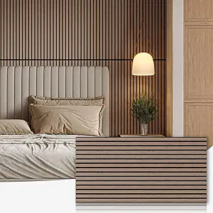 Photo 1 of Wood Slat Acoustic Panels for Wall and Ceiling, 3D Fluted Wood Veneer Paneling, 47.3" x 23.6" Each Soundpoof Wooden Slat Wall Panel - Walnut, 6 Pack