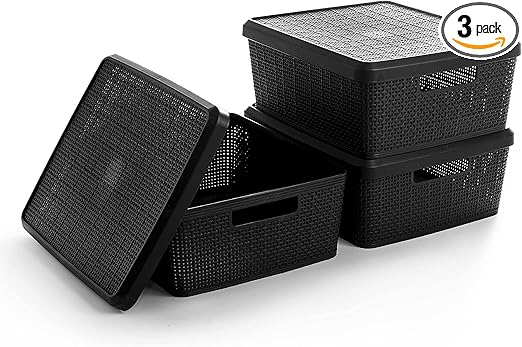 Photo 1 of BINO | Plastic Storage Baskets with Lids, Medium - 3 Pack | THE JUTE COLLECTION | Shelf Organizer Bins | Basket with Handle | Pantry Organization | Room Organization | Storage Bins | Plastic Baskets