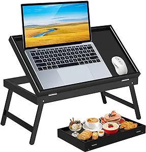 Photo 1 of Bamboo Bed Tray Table,Breakfast Trays with Folding Legs,Kitchen Serving Tray for Sofa,Eating and Working,Used As Laptop Desk Snack Tray,Black