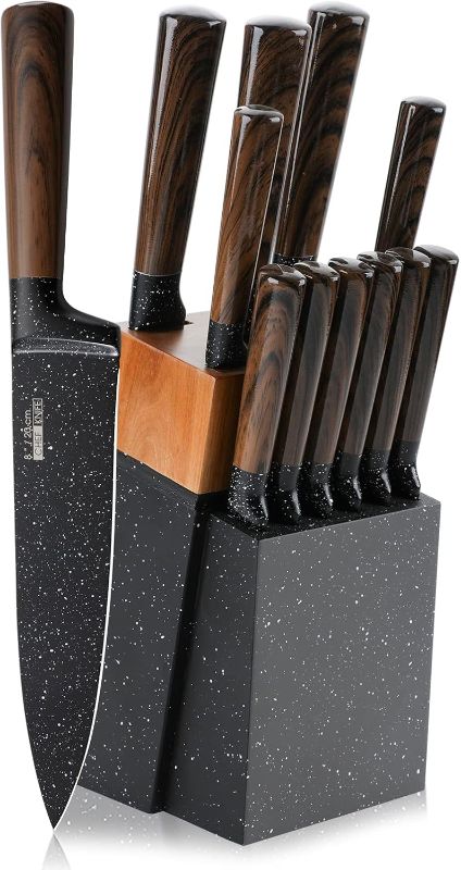 Photo 1 of 12PCS Kitchen Knife Set with Wooden Block, Professional Non-stick Chef Knife Sets, High Carbon German Stainless Steel Knife with Japanese Designed Wooden Pattern Stainless Handle (brown)
