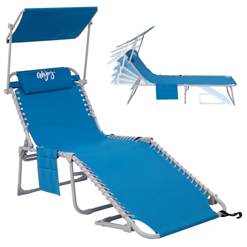 Photo 1 of #WEJOY Folding Chaise Lounge Chairs with Adjustable Back and Canopy Shade Folding Tanning Chair with Head Rest Pillow & Side Pocket for Outdoor Sunbat
