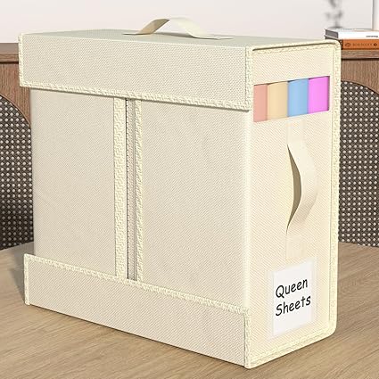 Photo 1 of 1-Pack Bed Sheet Organizer and Storage (Upgraded Fabric & Larger Size), Blanket Storage Organizer for Linen Closet, (Queen & King Size) Sheet Storage Bin for Bedding, Towel, Beige