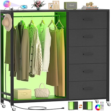 Photo 1 of Cyclysio Dresser for Bedroom with Clothes Rack, 5 Drawers Dresser with Charging Station & LED Lights, Black Storage Chest of Drawers with Wheels, Wooden Top, Lockable Wheels, Bedroom, Closet, Black