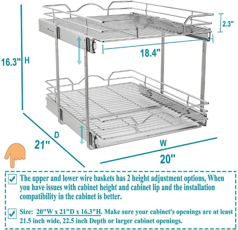 Photo 1 of  OCG Pull Out Cabinet Organizer (20" W x 21" D), 2 Tier Pull Out Drawers for Kitchen Cabinets, Pull Out Shelves for Base Cabinet Organization in Kitchen, Bathroom, Pantry, Chrome Finish
