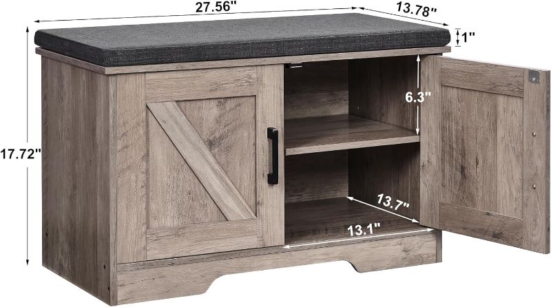 Photo 1 of 2-Tier Storage Bench,Shoe Bench with Padded Seat Cushion, Entryway Bench with 2 Barn Doors,Adjustable Shelf, 27.6" L x 13.8" W x 17.7" H, for Entryway, Living Room, Bedroom, Greige
