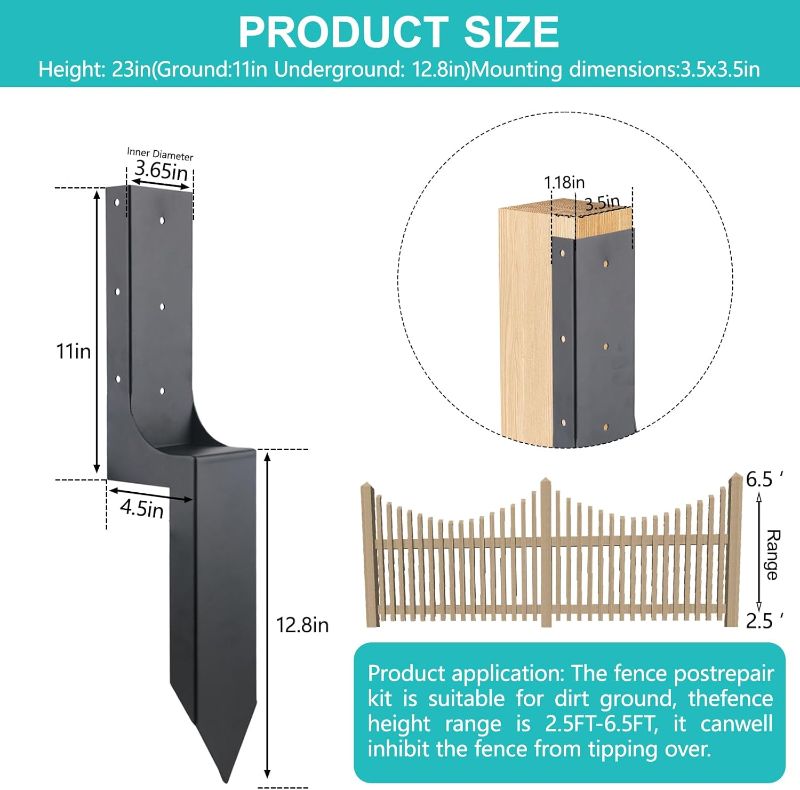 Photo 2 of  Fence Post Repair Stakes, Heavy Duty Steel Fence Post Anchor Ground Spike, for Repair Broken Wood Fence Post?2 Pack - 23.8in?
