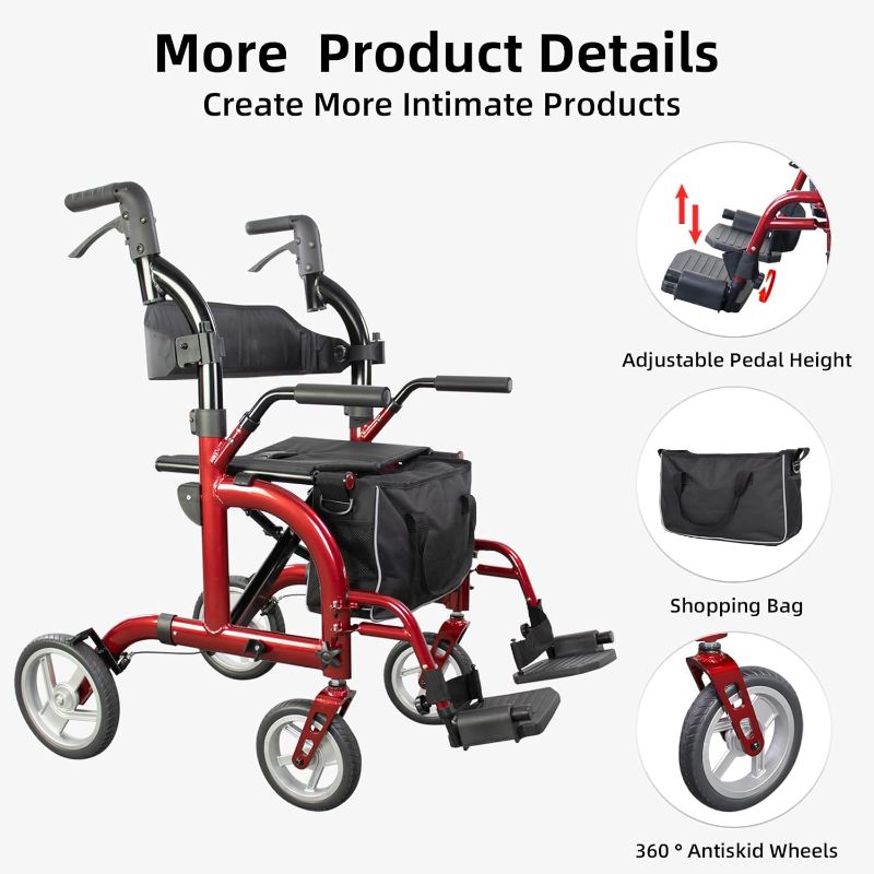 Photo 1 of WONDMED 2 In 1 Rollator Walker Folding Transport chair w/ big rear wheels RED
