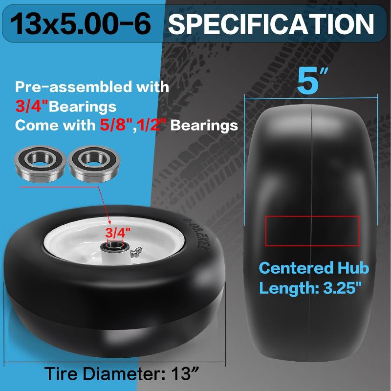 Photo 1 of 13x5.00-6" Lawn Mower Solid Smooth Tire and Wheel with 3/4"& 1/2" & 5/8" Bearings,3.25"- 6" Centered Hub, Mower Front Tire Assembly Compatible with Lawn Mower Garden Tractor
