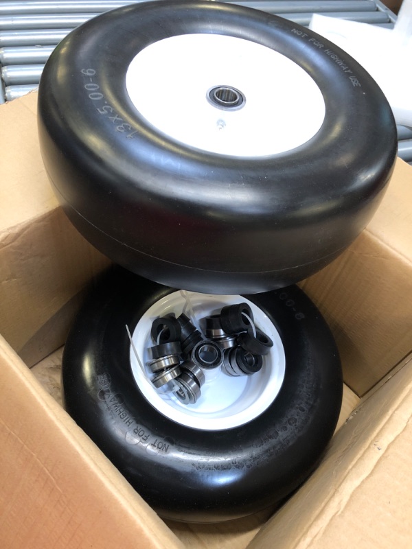 Photo 2 of 13x5.00-6" Lawn Mower Solid Smooth Tire and Wheel with 3/4"& 1/2" & 5/8" Bearings,3.25"- 6" Centered Hub, Mower Front Tire Assembly Compatible with Lawn Mower Garden Tractor
