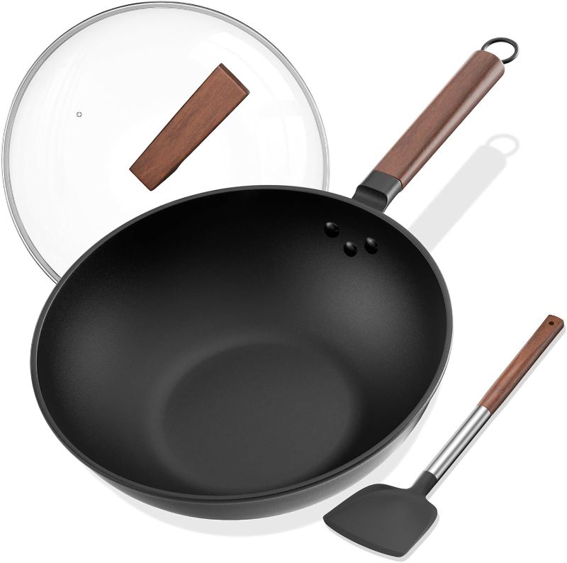 Photo 1 of Carbon Steel Wok - Including Glass Cover and Silicone Spatula, 13-Inch Woks & Stir-Fry Pans for Induction, Electric, Gas Stoves
