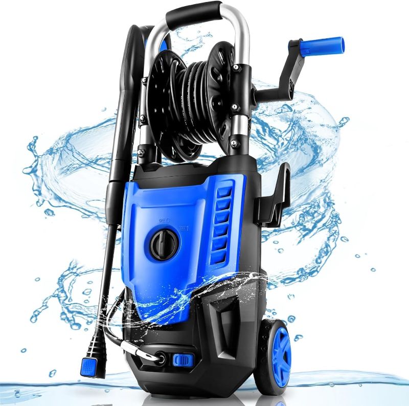 Photo 1 of 4200 PSI Electric Pressure Washer- 4.0 GPM High Power Washer with 33FT Hose Reel, 4 Spray Tips and Soap Bottle for Car Washing, Fence Cleaning, Patio Maintenance?Upgraded? (Blue)
