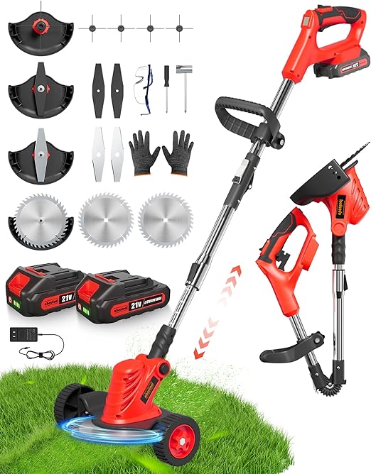 Photo 1 of Brushless Electric Weed Wacker, Cordless Weed Eater Battery Powered 21V 2x2.0A, 4-in-1 Foldable String Trimmer/Wheel edger/Mini-Mower/Brush Cutter, with 3 Cutting Blade Types, 4X Grass Cutting line