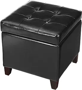 Photo 1 of Adeco Bonded Leather Square Tufted Cubic Cube Footstool, 18" Height Storage Ottomans, With Lid, Black