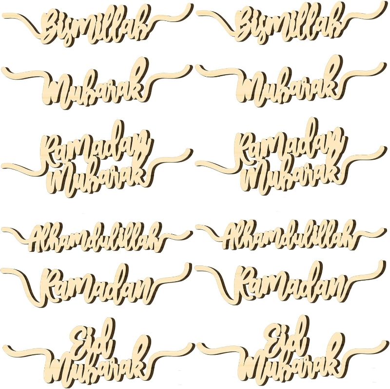 Photo 1 of 12 Pcs Ramadan Mubarak Wood Cutouts Ramadan Plate Sign Ramadan Kareem Wooden Word Cutouts Eid Mubarak Decorations for Islamic Muslim Home Table Plate...
