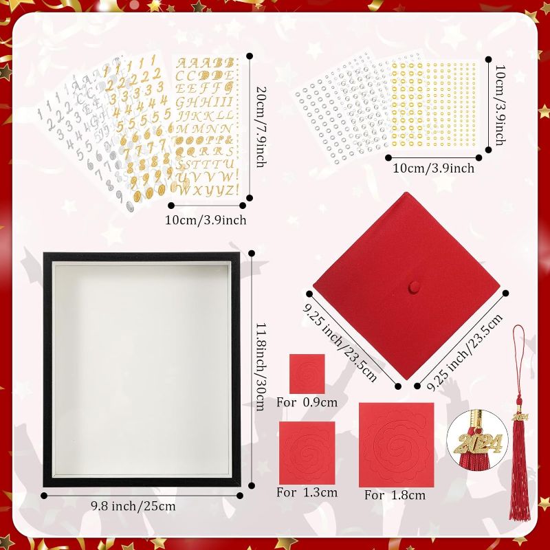 Photo 1 of 2024 Graduation Shadow Box Set 11.8 x 9.8 Inch Wooden Frame with Graduation Cap Tassel DIY Paper Flowers Diamond Sticker Decoration for Wall and Tabletop (Red)
