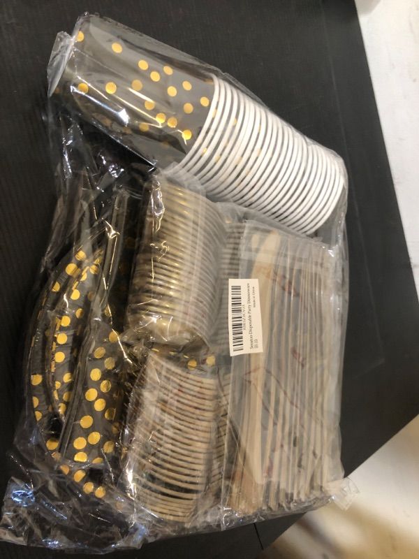 Photo 3 of 175PCS Black and Gold Party Supplies. Serves 25 Sets Plates and Napkins Party Supplies Include Paper Plates, Cups, Napkins and Plastic Spoons Forks Knives, for Graduation, Birthday, Wedding.