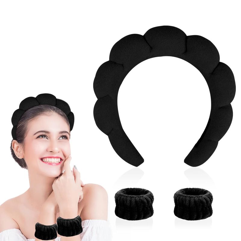 Photo 1 of  Spa Makeup Headband for Washing Face, Sponge Skincare Face Wash headbands for Women Girls - Bubble Soft Terry Towel Cloth Hair Band for Skincare Makeup Removal, Puffy Non Slip Thick Headwear(Black)
