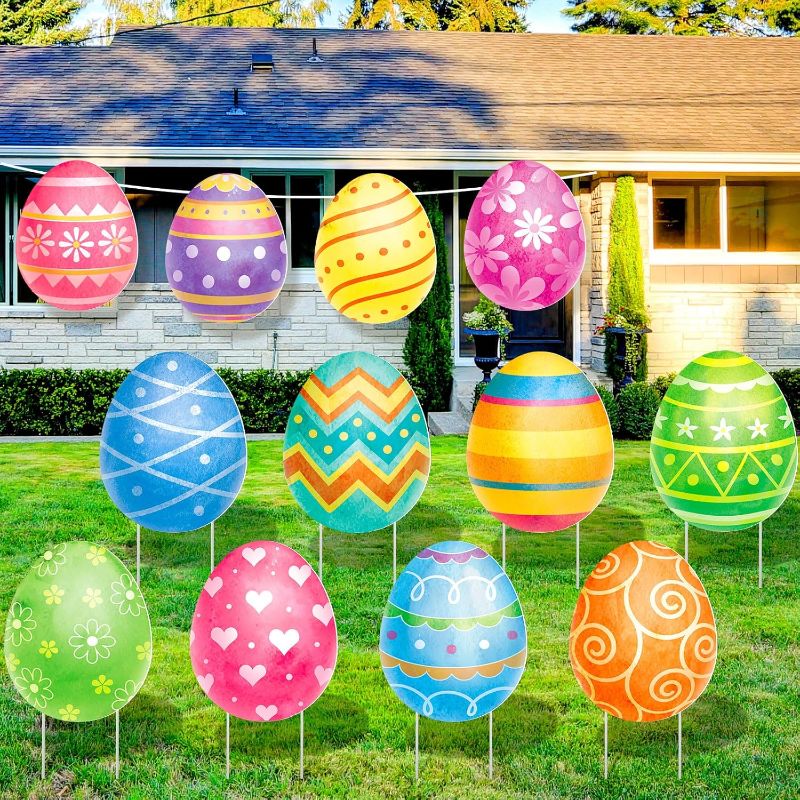 Photo 1 of 12 Pcs Easter Yard Signs Lawn Sign with Stakes Easter Yard Decor Outdoor Easter Lawn Decorations Hanging Ornaments for Spring Patio Garden Party Supplies Photo Props(Easter Egg)
