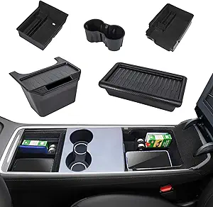 Photo 1 of 5PCS Center Console Organizer Compatible with Tesla Model Y 2021-2024 Flocking Armrest Hidden Cubby Drawer Box/Cup Holder/Under Seat Tray/Rear Center Console Organizer Interior Accessories