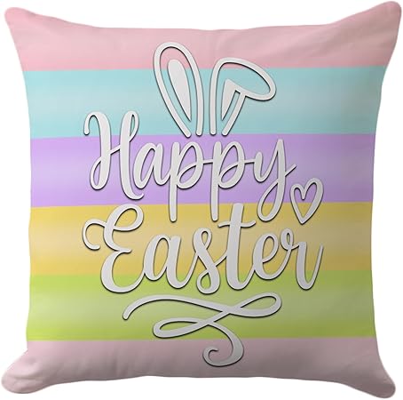 Photo 1 of 18x18 Inch Spring Easter Pillow Covers - 'Happy Easter' with Bunny Rabbit Design, Colorful Stripes Pattern, Soft Pastel Decorative Cushion Case for Sofa, Couch, Bedroom Home Decor
Brand: PreLiving