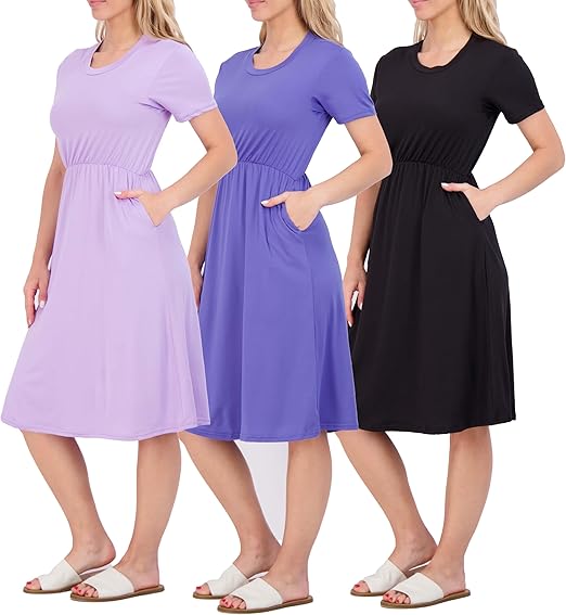 Photo 1 of  3 Pack: Ladies Plus Yummy SS Crew Midi Dress withReal Essentials 3-Pack: Women's Midi Short Sleeve Soft T-Shirt Dress with Elastic Waist