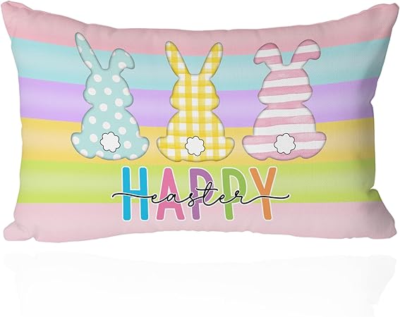 Photo 1 of 12x20 Inch Spring Easter Pillow Covers - Colorful Bunny Rabbit and Stripes Pattern, Soft Pastel Decorative Cushion Case for Sofa, Couch, Bedroom Home Decor