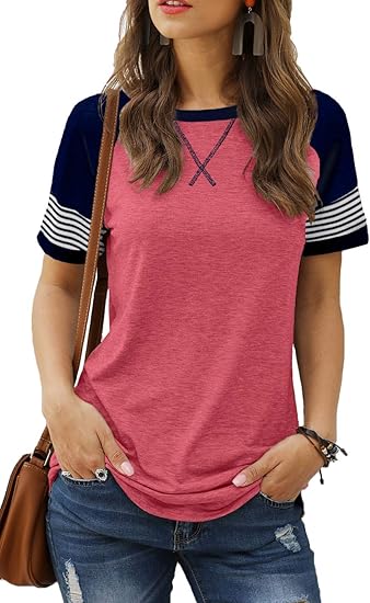 Photo 1 of   SMALL    Sieanear Womens T Shirts Short Sleeve Striped Color Block Leopard Casual Tops