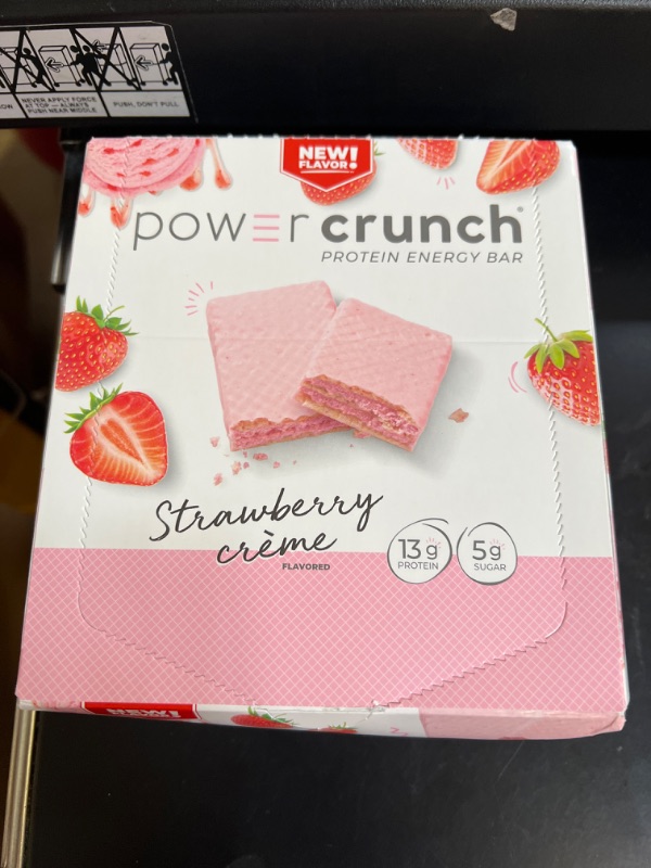 Photo 1 of Power Crunch Protein Wafer Bars, High Protein Snacks with Delicious Taste, Strawberry Crème, 1.4 Ounce (12 Count) 12 Count (Pack of 1)   BB 07-19-2025