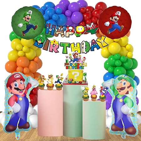 Photo 1 of  Mario Birthday Decoration, Mario party supply include balloons, banner, foil balloons, Mario Cake Topper and Mario Cupcake Toppers - Birthday Decoration Set for party